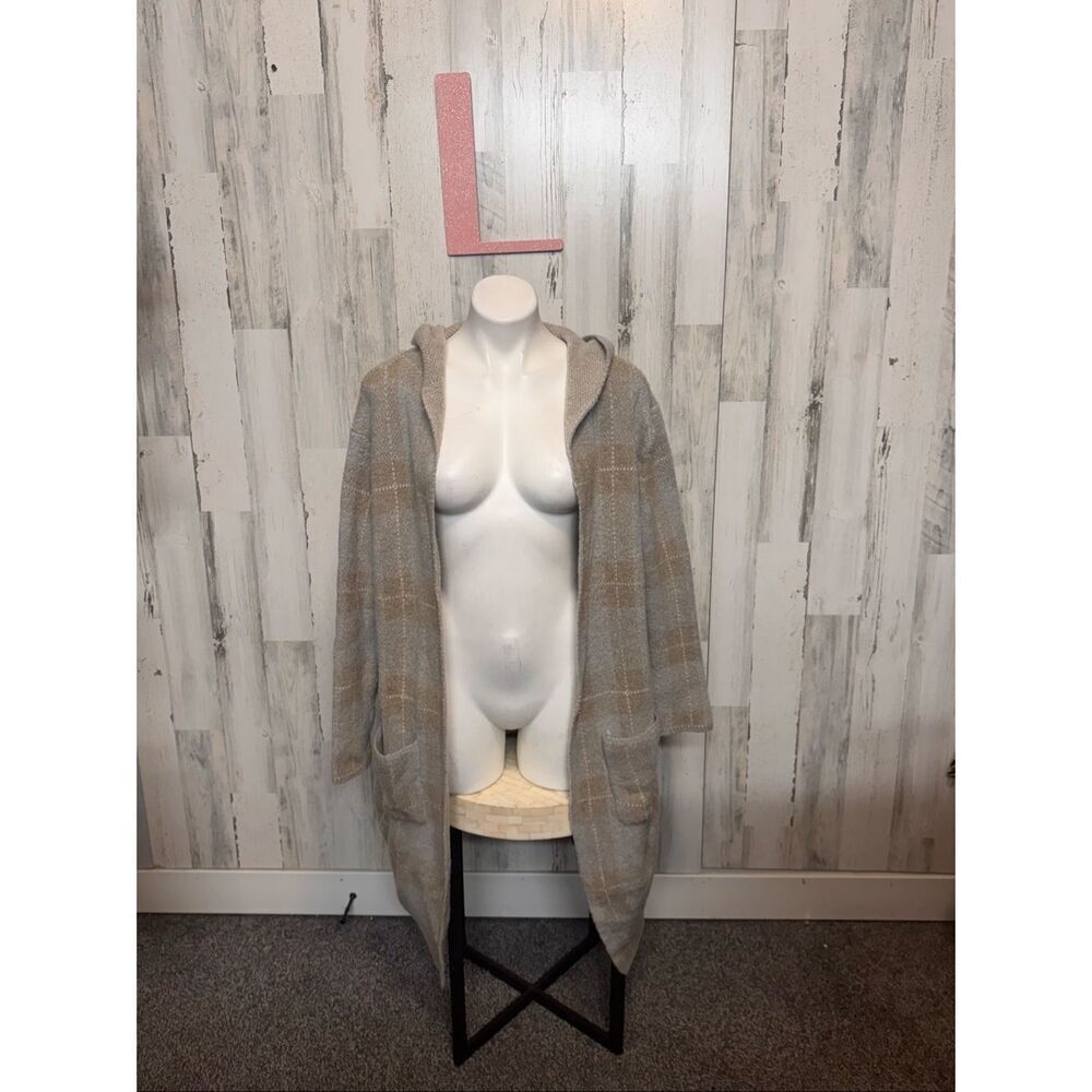 Joseph Beige Plaid Open Front Hooded Long Cardigan Sweater Coat L Women’s Cozy S